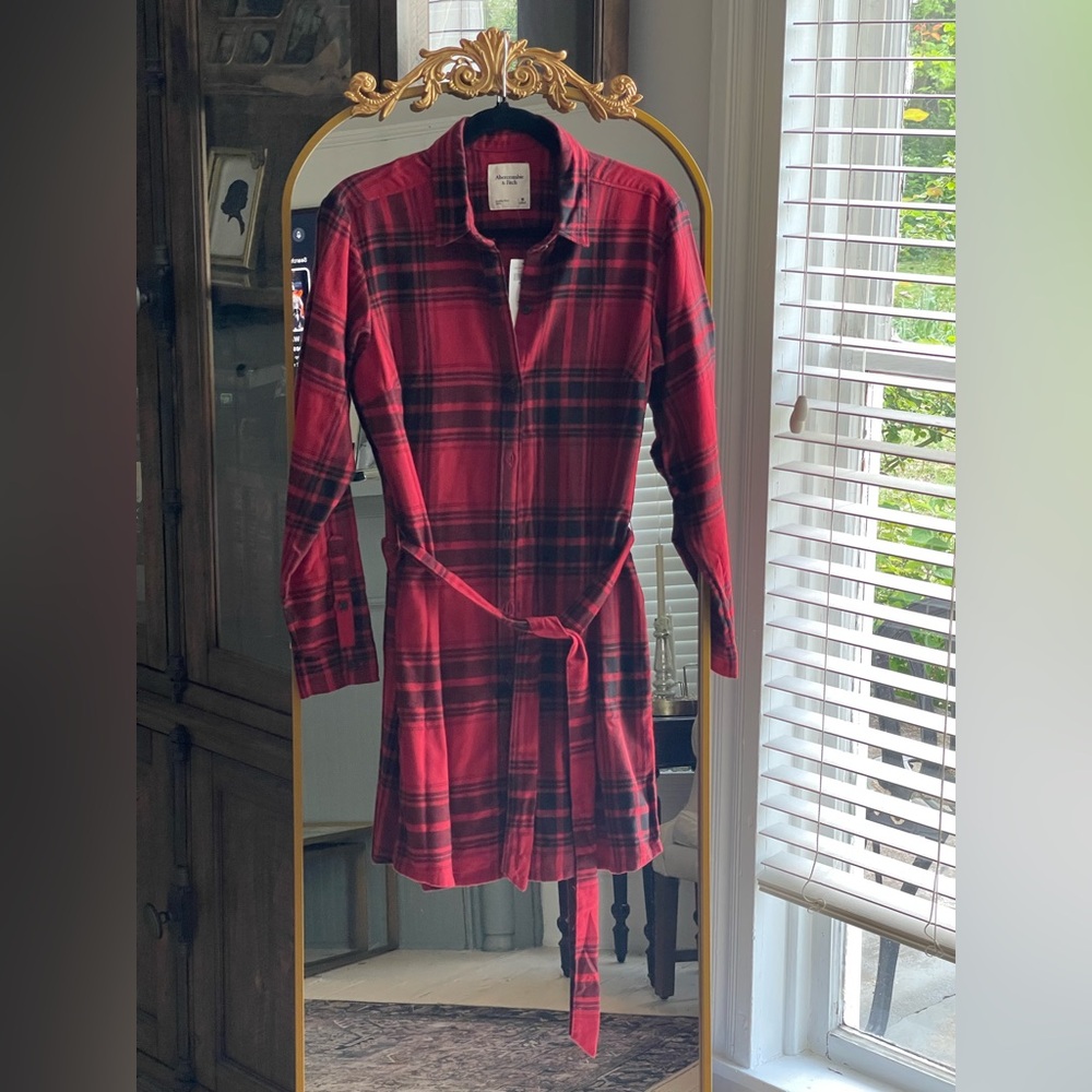 Abercrombie & Fitch NWT Red & Black Flannel Buffalo Plaid Waist Tie Shirt Dress